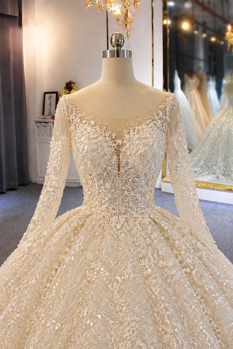 Sparkling Shinny Lone Sleeves Lace- Up Ball Gown Wedding Dresses - Champagne / Long train - wedding dresses