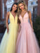 y A Line V Neck and V Back Yellow/Pink/Light Blue Long Prom Dresses, Yellow/Pink/Light Blue Formal Dresses, Evening Dresses