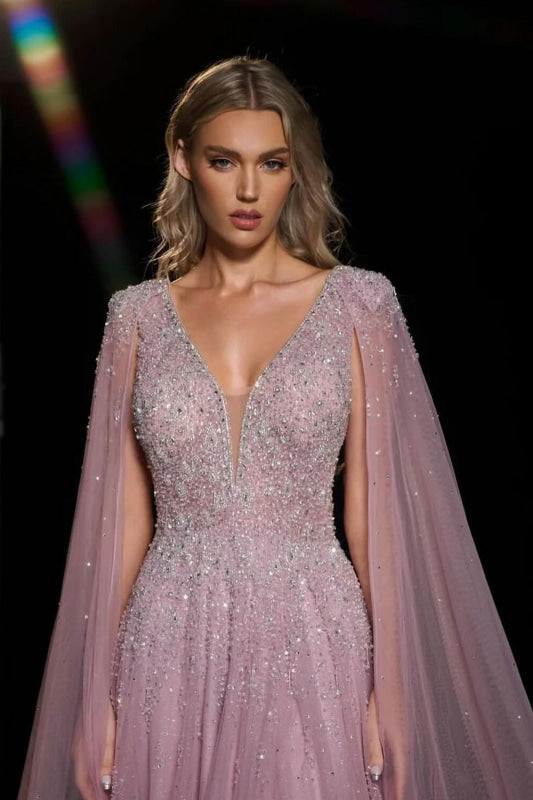 Dark Gray V Neck Sparkly Beading Prom Dress with Sequins, Long Tulle Prom Gown UQ1762