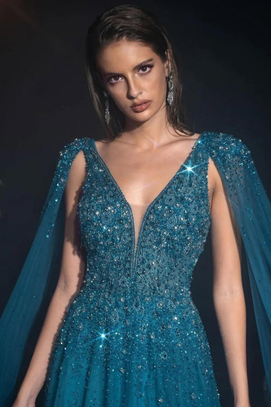 Shiny V-neck Tulle Beading Long Prom Dress, Sparkle Long Formal Dress MP769