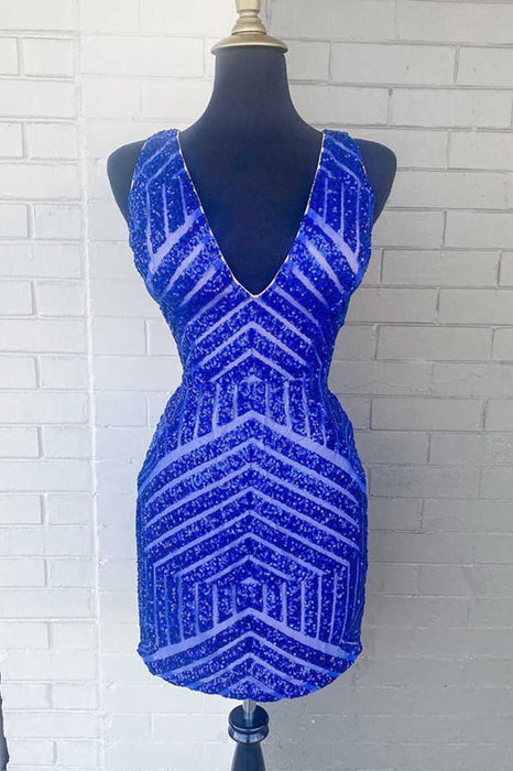 Sparkly Fuchsia Sequins V-Neck Tight Homecoming Dress