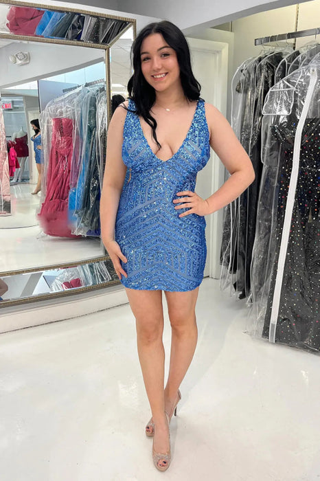 Sparkly Fuchsia Sequins V-Neck Tight Homecoming Dress