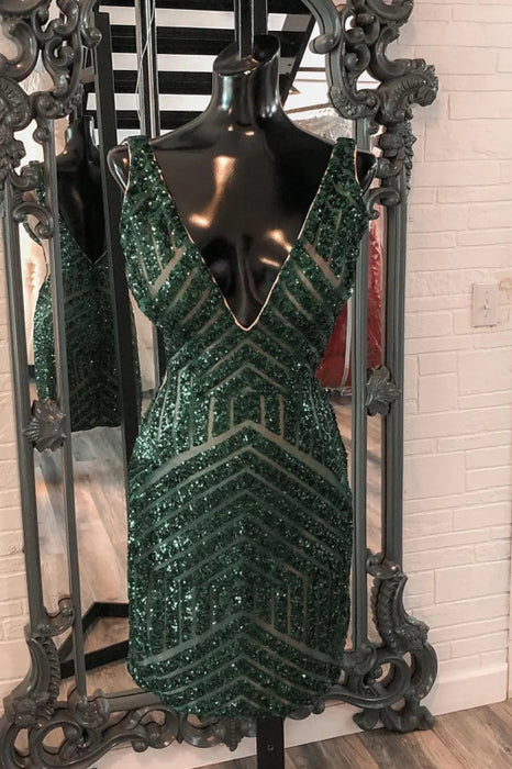 Sparkly Fuchsia Sequins V-Neck Tight Homecoming Dress