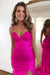 Sparkly Fuchsia Spaghetti Straps Prom Dress with Lace-Up Beaded Detail and Slit