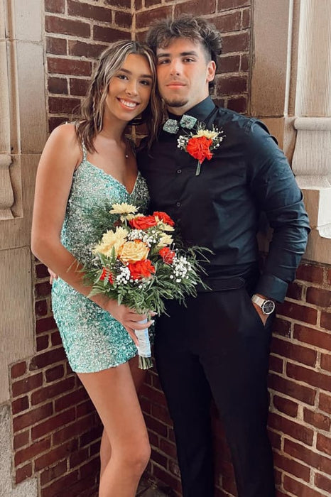 Sparkly Mint Sequined Lace-Up Back Tight Short Homecoming Dress with Fringes