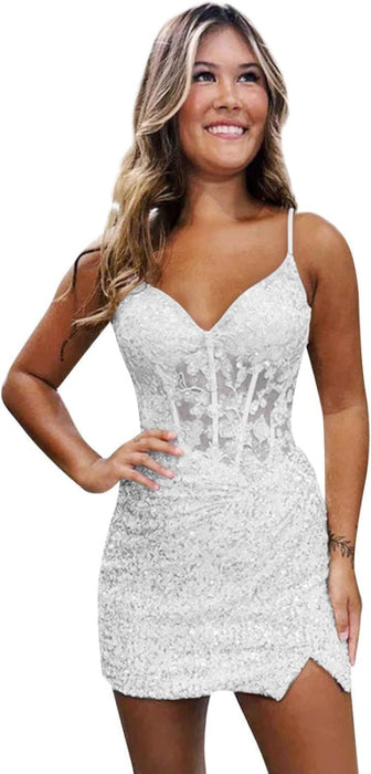 Sparkly Sequin Short Homecoming Dresses V Neck Applique Prom Dress