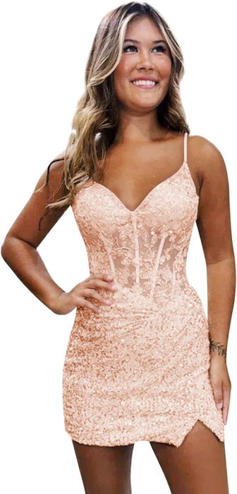 Sparkly Sequin Short Homecoming Dresses V Neck Applique Prom Dress