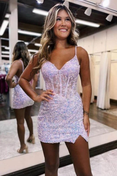 Sparkly Sequin Short Homecoming Dresses V Neck Applique Prom Dress