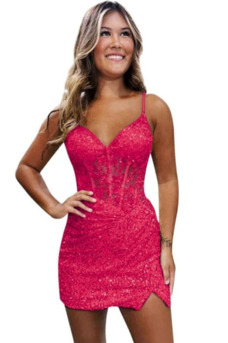 Sparkly Sequin Short Homecoming Dresses V Neck Applique Prom Dress