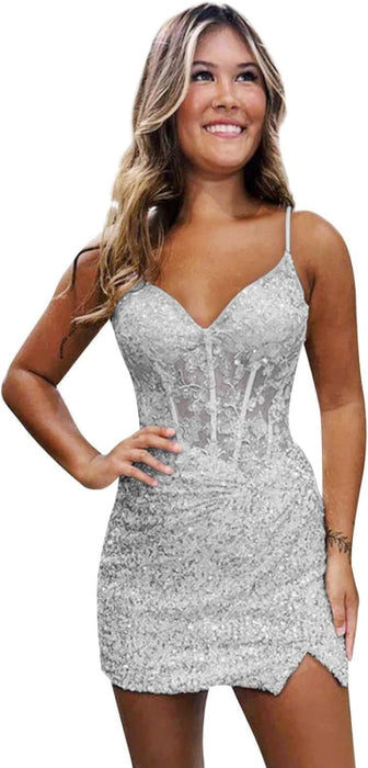 Sparkly Sequin Short Homecoming Dresses V Neck Applique Prom Dress