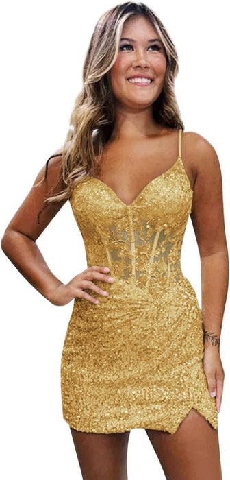Sparkly Sequin Short Homecoming Dresses V Neck Applique Prom Dress