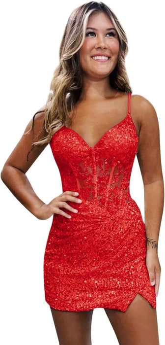 Sparkly Sequin Short Homecoming Dresses V Neck Applique Prom Dress