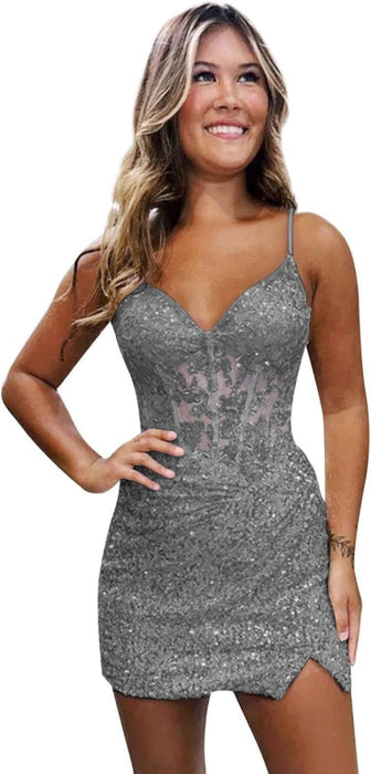 Sparkly Sequin Short Homecoming Dresses V Neck Applique Prom Dress
