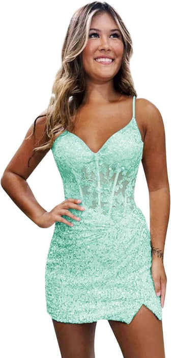 Sparkly Sequin Short Homecoming Dresses V Neck Applique Prom Dress