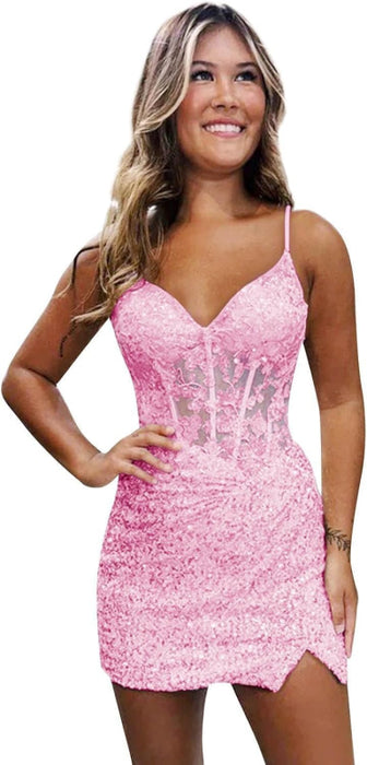 Sparkly Sequin Short Homecoming Dresses V Neck Applique Prom Dress