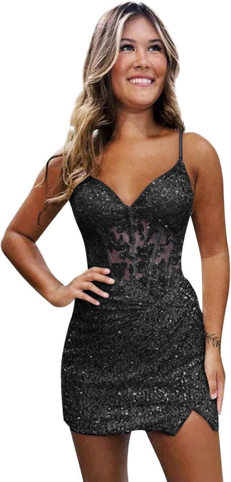 Sparkly Sequin Short Homecoming Dresses V Neck Applique Prom Dress