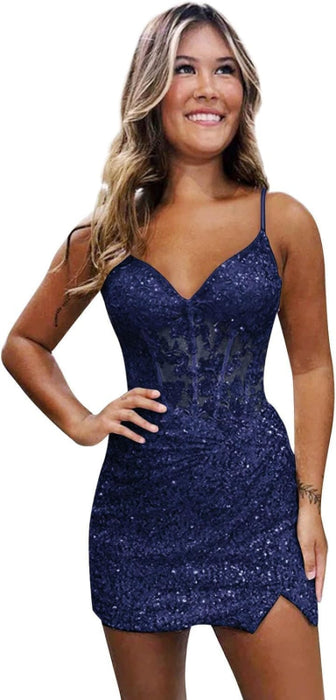 Sparkly Sequin Short Homecoming Dresses V Neck Applique Prom Dress