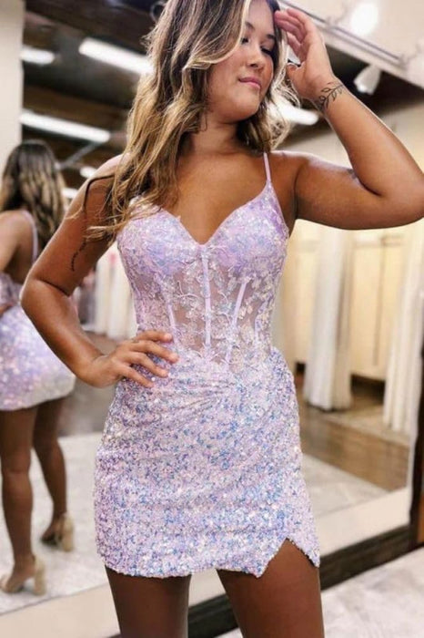 Sparkly Sequin Short Homecoming Dresses V Neck Applique Prom Dress