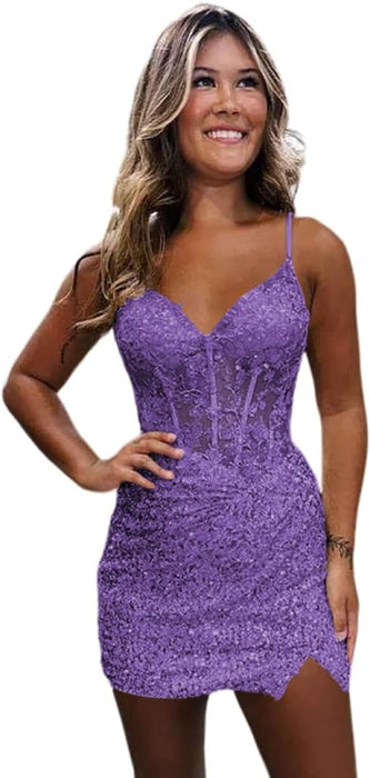 Sparkly Sequin Short Homecoming Dresses V Neck Applique Prom Dress