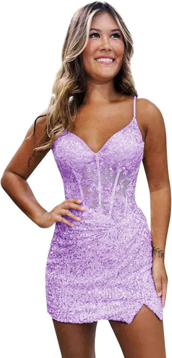 Sparkly Sequin Short Homecoming Dresses V Neck Applique Prom Dress