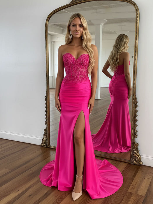 Hot Pink Sparkly Sequins Sweetheart Bodycon Prom Dress with Slit