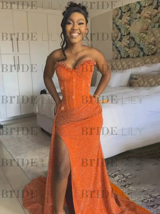 Sparkly Strapless Mermaid Sequined Prom Dress with Slit