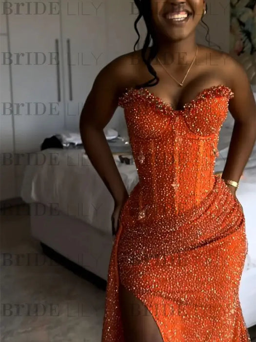 Sparkly Strapless Mermaid Sequined Prom Dress with Slit