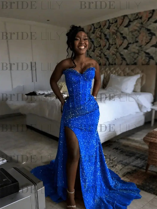 Royal Blue Sparkly Strapless Mermaid Sequined Prom Dress with Slit
