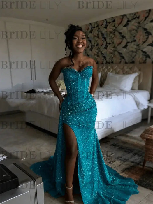 Sparkly Strapless Mermaid Sequined Prom Dress with Slit