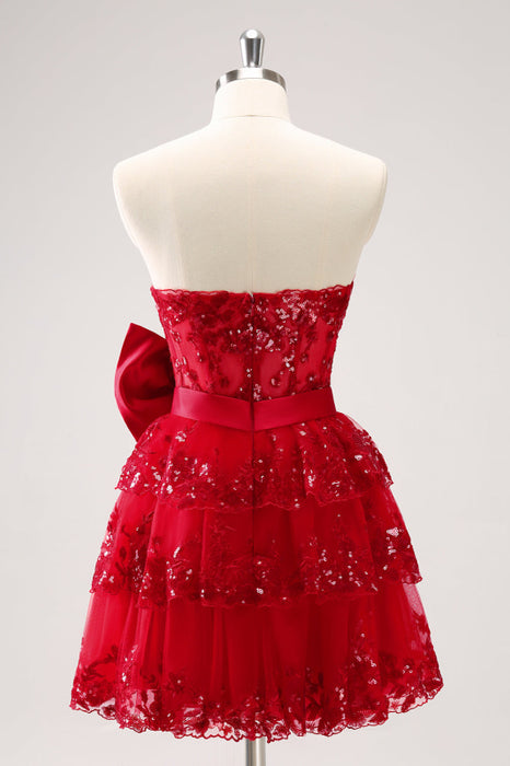 Sparkly Red Corset Short Homecoming Dress with Bow-Bridelily Sparkly Red Corset Short Homecoming Dress with Bow-Bridelily