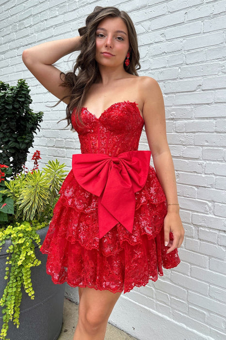 Sparkly Red Corset Short Homecoming Dress with Bow-Bridelily Sparkly Red Corset Short Homecoming Dress with Bow-Bridelily