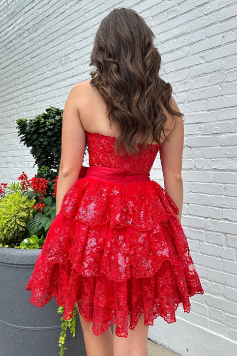 Sparkly Red Corset Short Homecoming Dress with Bow-Bridelily