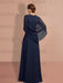 Back of the navy chiffon gown with cape sleeves