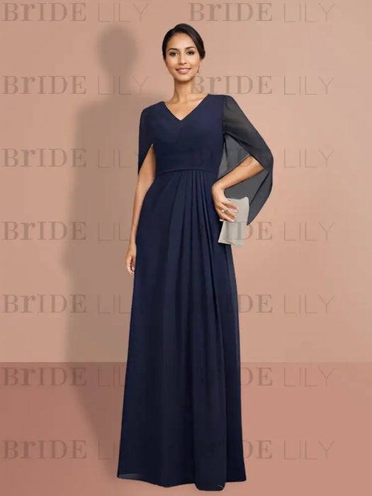 Detail of the navy chiffon cape sleeve from the side