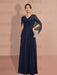 Detail of the navy chiffon cape sleeve from the side