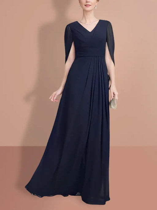 Navy chiffon gown with split cape sleeves and a draped panel