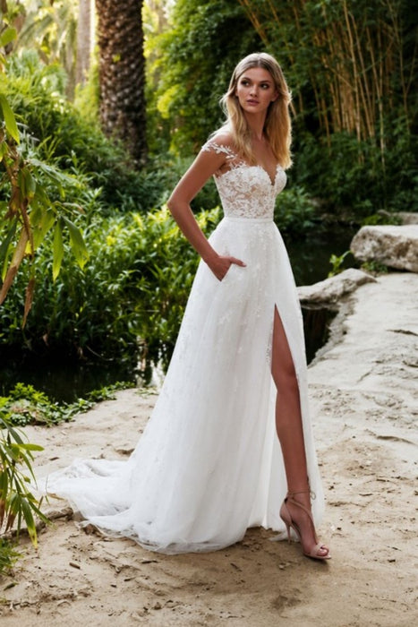 Split Lace Applique Sweep Train A Line Wedding Dresses
