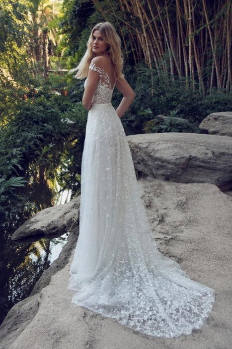 Split Lace Applique Sweep Train A Line Wedding Dresses