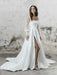 White Simple Wedding Dress A-Line Square Neck Long Sleeves Backless Applique Cut-Outs Split Front Long Bridal Dresses