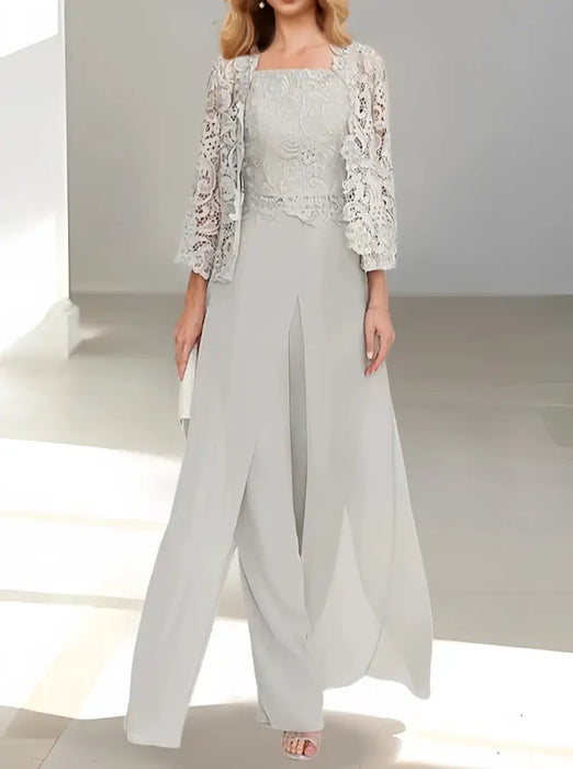 Floor-Length Square Neck Chiffon Mother of the Bride Pantsuit with Jacket & Side Split