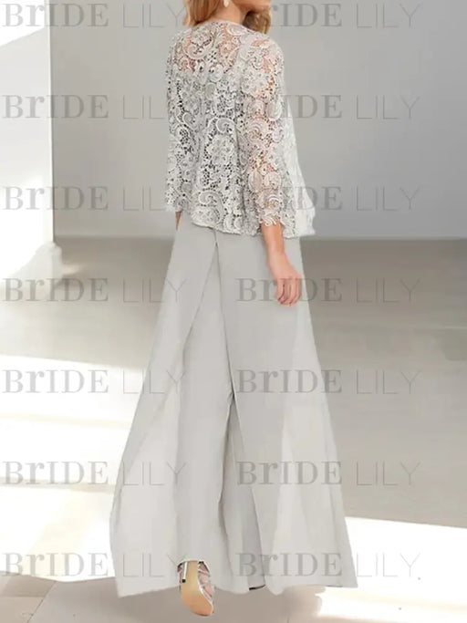 Floor-Length Square Neck Chiffon Mother of the Bride Pantsuit with Jacket & Side Split