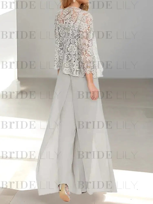 Floor-Length Square Neck Chiffon Mother of the Bride Pantsuit with Jacket & Side Split