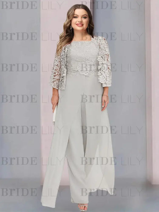 Floor-Length Square Neck Chiffon Mother of the Bride Pantsuit with Jacket & Side Split