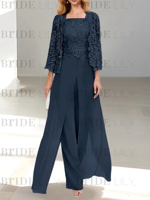 Floor-Length Square Neck Chiffon Mother of the Bride Pantsuit with Jacket & Side Split