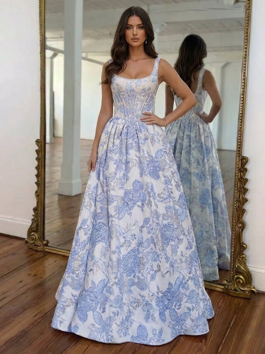 Square Neck Blue Floral Corset Prom Dress Aline with Pearls