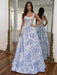 Square Neck Blue Floral Corset Prom Dress Aline with Pearls