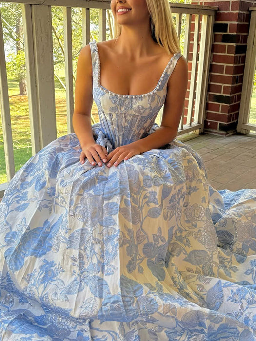 Square Neck Blue Floral Corset Prom Dress Aline with Pearls