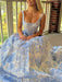 Square Neck Blue Floral Corset Prom Dress Aline with Pearls