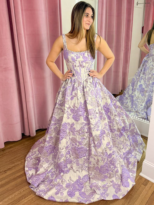 Square Neck Floral Corset Prom Dress Aline with Pearls Lavender