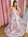 Square Neck Floral Corset Prom Dress Aline with Pearls Lavender